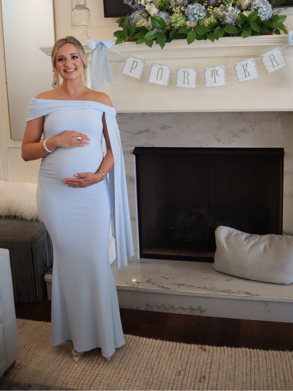 Aquila Powder Blue Bardot Maternity Maxi Dress With Draped Detail